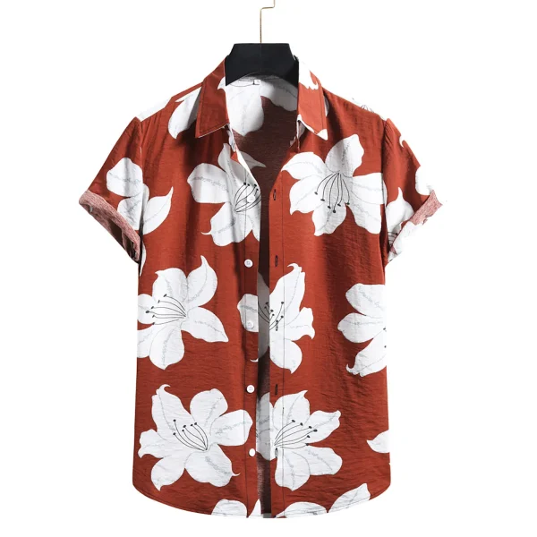 Chemise Hawaïenne Homme Vintage Rouge Brique Motif Fleurs Blanches
