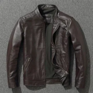 Veste Cuir Homme Moto Rétro Brun Foncé