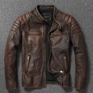 veste cuir homme moto vintage brun foncé