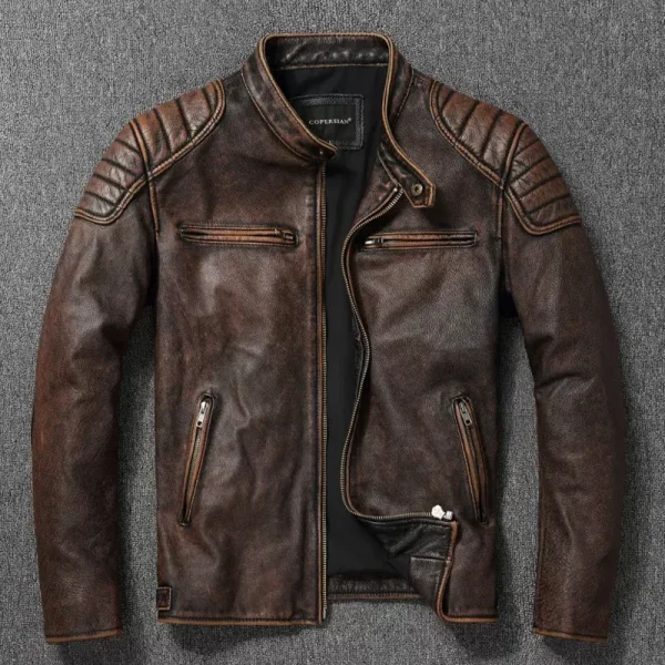 veste cuir homme moto vintage brun foncé