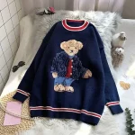 Pull vintage mode rétro bleu marine bear broderie