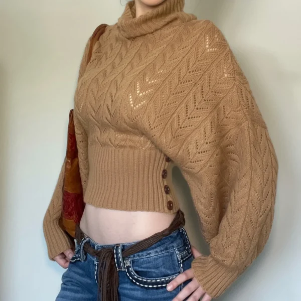 Pull Vintage Femme Beige Café torsades et manches ballon