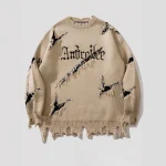 Pull Jacquard Homme Vintage Streetwear Effet Destroy
