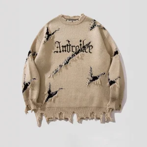 Pull Jacquard Homme Vintage Streetwear Effet Destroy