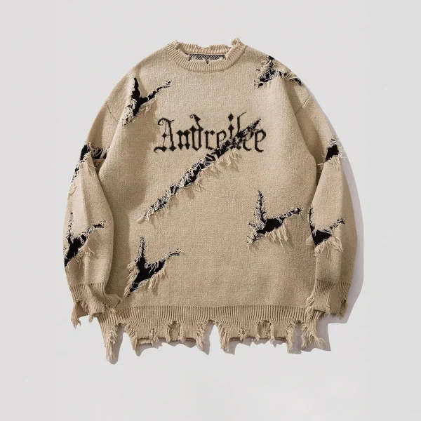 Pull Jacquard Homme Vintage Streetwear Effet Destroy