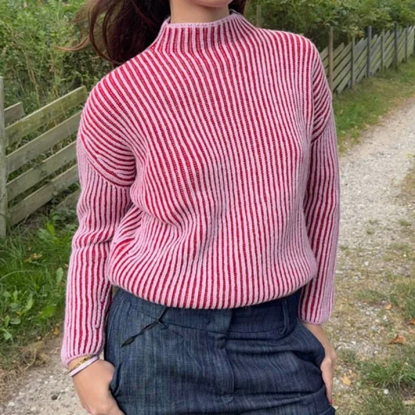 Pull Vintage Femme Col Cheminée Maille Côtelée Oversize