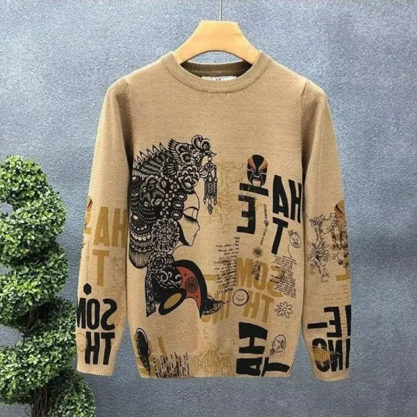 Pull Jacquard Homme Vintage à Motif Artistique Style Streetwear