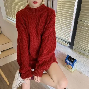 Pull Vintage Femme Rouge Éclatant Grosse Maille Torsadée