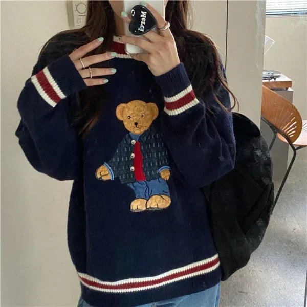 Pull Vintage Femme Bleu Marine Ours Teddy Style Preppy Années 90