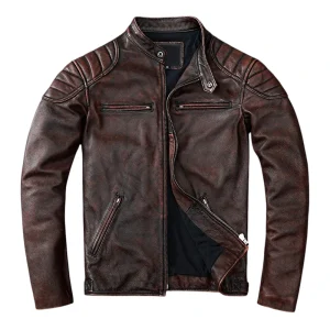 Veste Cuir Homme Moto Vintage Brun Bordeaux