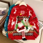 Pull Moche de Noël Femme Vintage 90s Maille Jacquard Motifs 3D Père Noël et Pompons