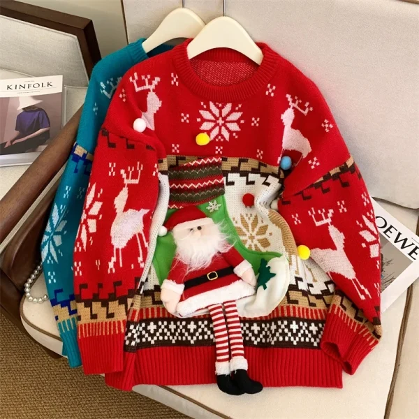 Pull Moche de Noël Femme Vintage 90s Maille Jacquard Motifs 3D Père Noël et Pompons