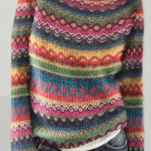 Pull Jacquard Intégral Vintage Femme Multicolore Look Bohème Maximaliste Années 70