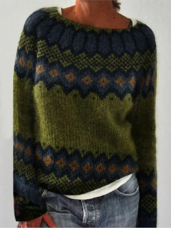 Pull Jacquard Vintage Femme Vert Olive Style Nordique et Bohème-chic en Maille Duveteuse