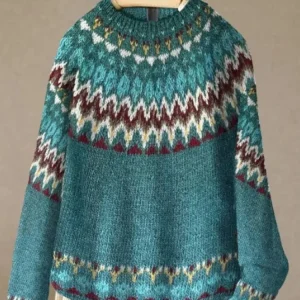 Pull Jacquard Vintage Femme Style Islandais Traditionnel Bohème Folk Look Années 60