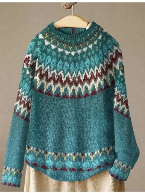 Pull Jacquard Vintage Femme Style Islandais Traditionnel Bohème Folk Look Années 60