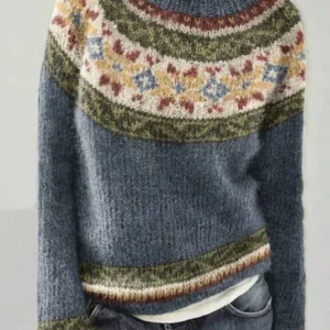 Pull Jacquard Vintage Femme Style Islandais Maille Duveteuse et Chaude Esprit Folk