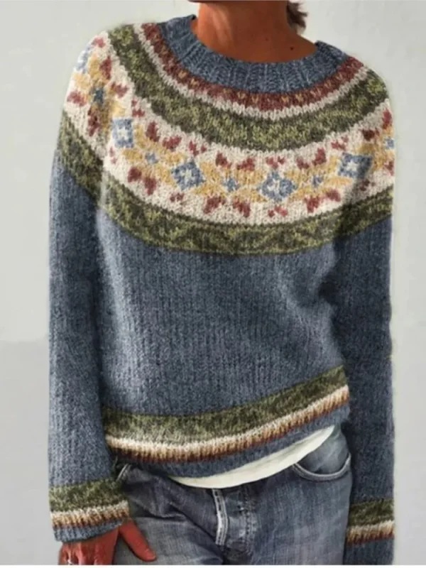 Pull Jacquard Vintage Femme Style Islandais Maille Duveteuse et Chaude Esprit Folk