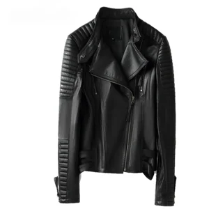 Veste en Cuir Mouton Vintage Femme Noir Biker Matelassé 70s-80s