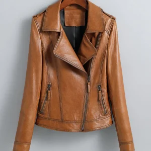 Veste Cuir Mouton Moto Femme Vintage Cognac Look Biker Rétro Années 70