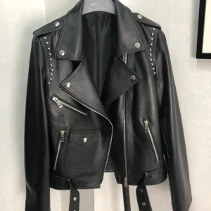 Veste Cuir Moto Femme Vintage Noir Cloutée Grande Taille Perfecto