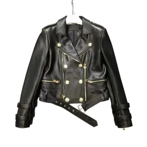 Veste Cuir de Mouton Femme Vintage Noir Look Biker Chic Années 80