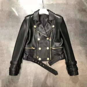 Veste Cuir de Mouton Femme Vintage Noir Look Biker Chic Années 80