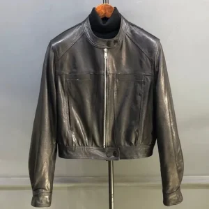 Veste Café Racer Cuir Femme Vintage Noir Satiné Look Minimaliste Années 90