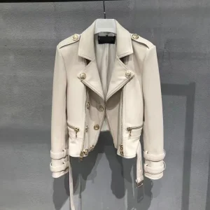 Veste Cuir de Mouton Femme Vintage Blanc Cassé Look Officier Chic Années 80