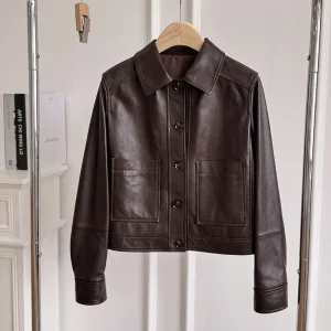 Veste Cuir Femme Marron Chocolat Vintage Style British & Boxy Chic