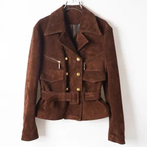 Veste Saharienne en Daim Vintage Femme Marron Chocolat