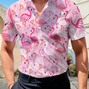 Chemise Hawaïenne Homme Vintage Rose Motif Flamant Rose