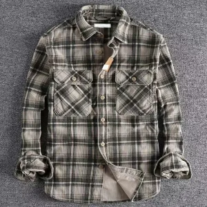 Chemise à Carreaux Homme Vintage en Velours Côtelé Style Rétro Japonais