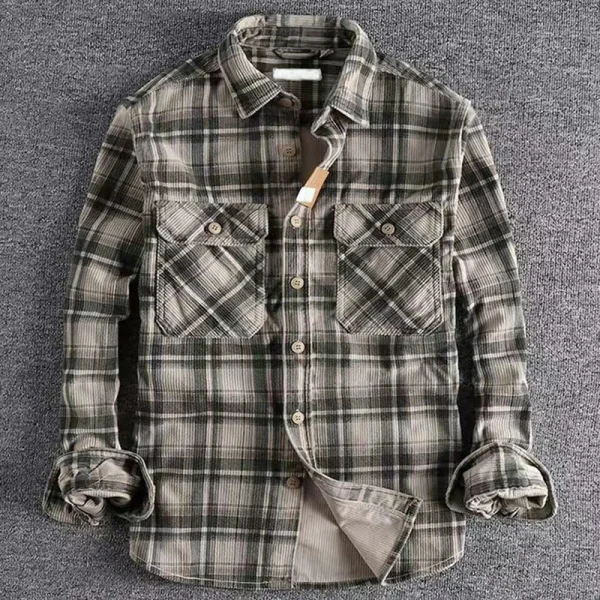 Chemise à Carreaux Homme Vintage en Velours Côtelé Style Rétro Japonais