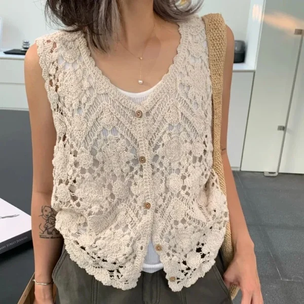 gilet sans manche vintage en crochet motifs floraux