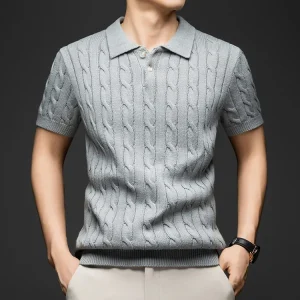 Pull Manche Courte Homme Vintage Col Polo 100% Coton en Maille Torsadée
