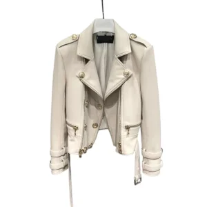 Veste Cuir de Mouton Femme Vintage Blanc Cassé Look Officier Chic Années 80